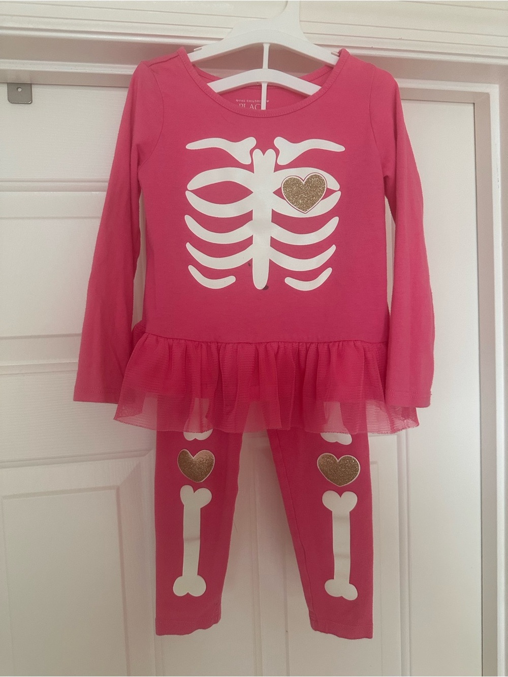 The Children's Place Hot Pink Skeleton Tutu Pajama Set with Gold Hearts - size3T